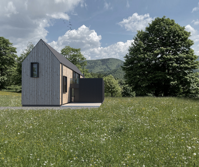 Modułowy dom całoroczny w stylu nowoczesnej stodoły. DOmki Marysia, producent domów modułowych w technologii szkieletu drewnianego