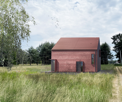 Modułowy dom całoroczny w stylu nowoczesnej stodoły. DOmki Marysia, producent domów modułowych w technologii szkieletu drewnianego